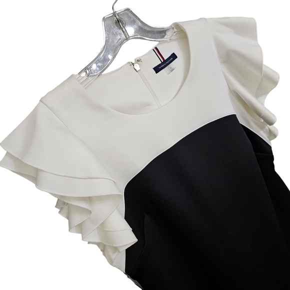 Tommy Hilfiger Nwot White/Black Colorblock Flutter Cap Sleeve Scuba Sheath Dress - Picture 6 of 16